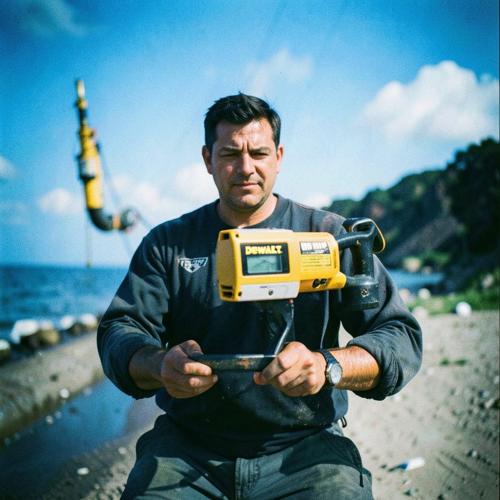 Compact cordless drill driver with black and yellow housing, angled on a workshop bench with blurred tool background