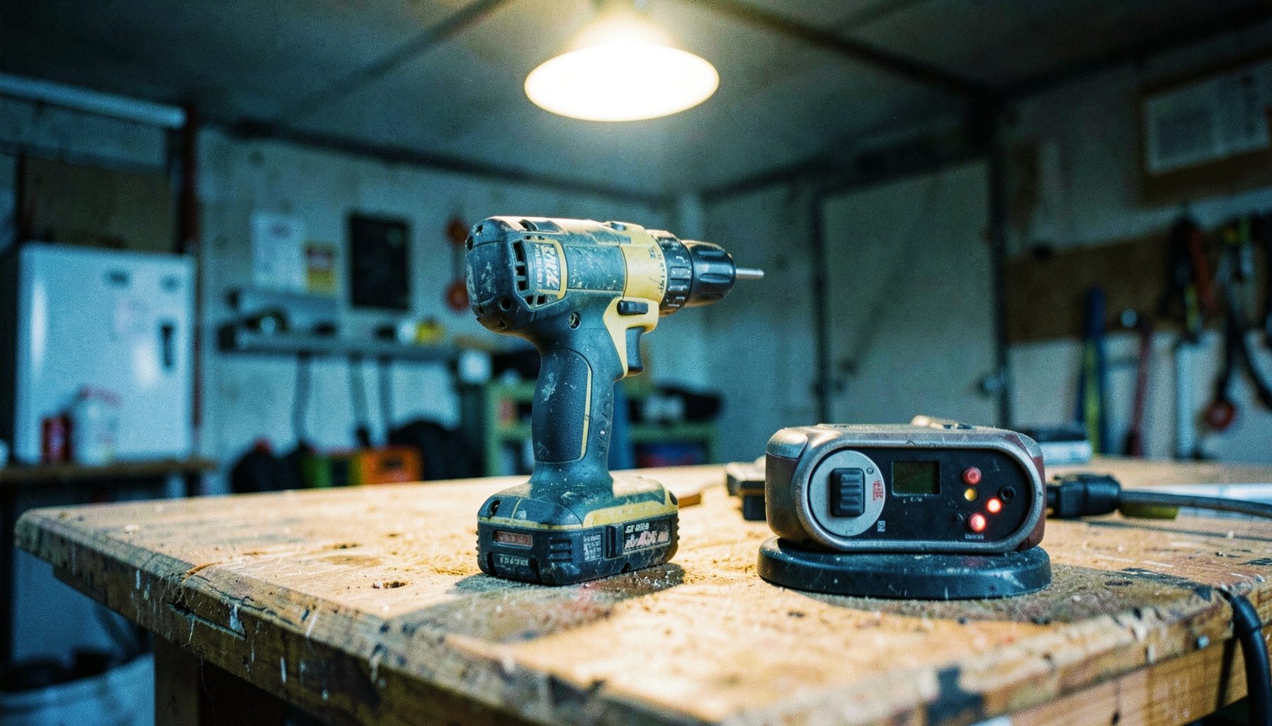 Cordless drill and laser level resting on a wooden workbench in a garage, warm overhead light